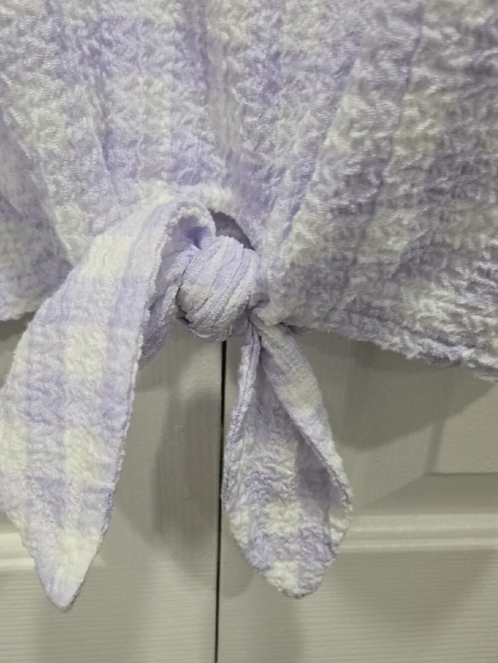 LOFT Lilac Check Puff Sleeve Tie Front Blouse - Med